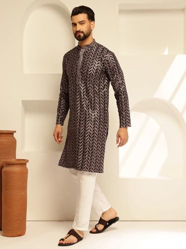 Sojanya (Since 1958 Men's Cotton Embroidered Printed Black Only Long Kurta