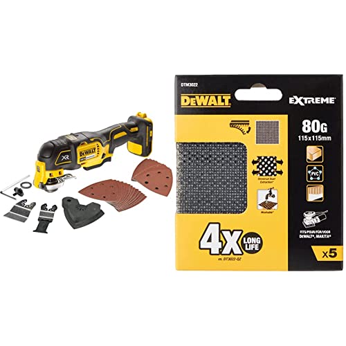 DEWALT DCS355N-XJ 18V Li-Ion Cordless Brushless Oscillating Multi-Tool & DTM3022QZ 80 Grit 1/4 Sanding Sheets (Pack of 5)
