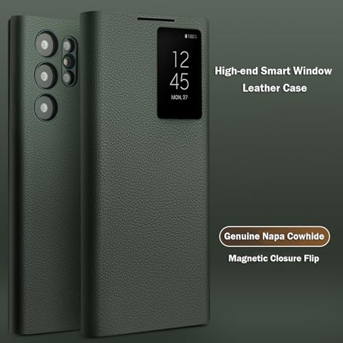 fLYiFe Capa de couro genuíno para Samsung Galaxy S23ultra/S23plus/S23, janela de visualização transp