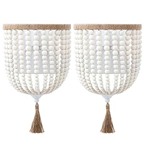 VILUXY Bohemia Wood Beaded Wall Sconces Bedside Antique Rustic Wall Sconce Lighting Fixture White Finishing for Bedroom Hallway Entryway Passway Bathroom Vanity 2 Pack