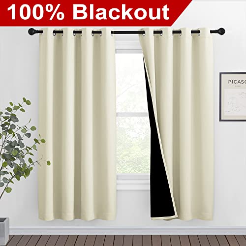 Image of NICETOWN Living Room Completely Shaded Draperies, Privacy Protection & Noise Reducing Ring Top Drapes, Black Lined Insulated Window Treatment Curtain Panels (Beige, 2 Pieces, W46 x L72)