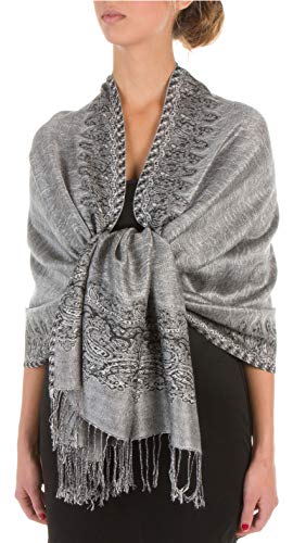 Sakkas Border Pattern Layered Reversible Woven Pashmina Shawl Scarf Wrap Stole - Black White