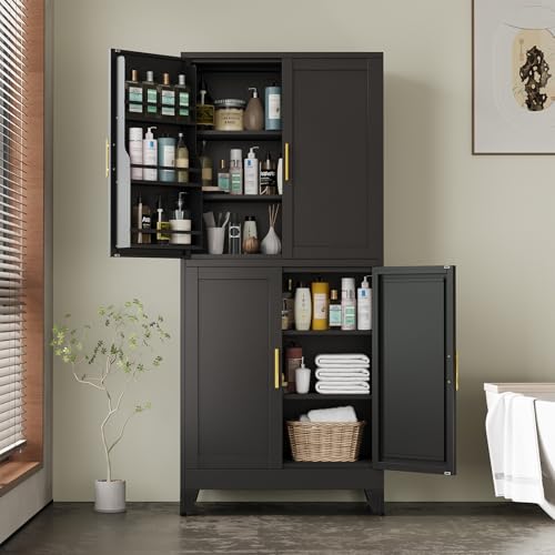 Image of Black Pantry Storage Cabinet, 75 inch Kitchen Pantry with Doors and 3 Adjustable Shelves, Metal Freestanding Buffet Cupboards Sideboard, for Office, Home, Garage, School