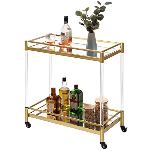 Sicotas Bar Cart Gold, Home Bar Serving Cart Dining Cart With Wheels, Kitchen Storage Cart Wine Cart With 2 Mirrored Shelves Holders, Glass Caddy For Kitchen, Dining Room #TOP1