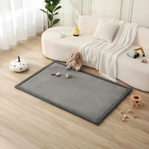 Image of Premium Baby Playmat for Floor 40" x 60" Dark Gray – Cloudsoft Coral Velvet Memory Foam Rug for Crawling – Non-Slip, Water-Resistant, Non-Toxic, Easy-Care Muscle Mat – Thick Play Mat for Baby