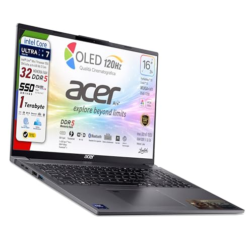 acer Notebook Aspire, Display 16 OLED WUXGA+ 120Hz, Intel Ultra7 155U 12Core, DDR5 RAM 32Gb, SSD PCI 1 Tb, Thunderbolt 40Gb/s, Tastiera retroilluminata Italiana, fingerprint, Pronto all'Uso