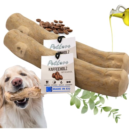 PetLove Bois de café pour chiens • Bois à mâcher pour chien comme jouet & soin dentaire • Os en bois pour chien • Sans caféine • Taille : M – Avec huile d'olive Lot de 2 • Pour chiens de taille