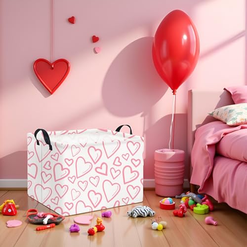 Image of Rectangular Valentines Basket for Home Kitchen Girls Cute Kids Storage Bin Organizer Shelf Book Room Decor(Pink Line Hearts)