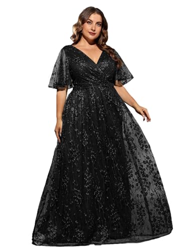 Image of Plus Size Women's V Neck Ruffles Flutter Sleeve Embroidered Lace A Line Maxi Dress for Wedding Party Evening
