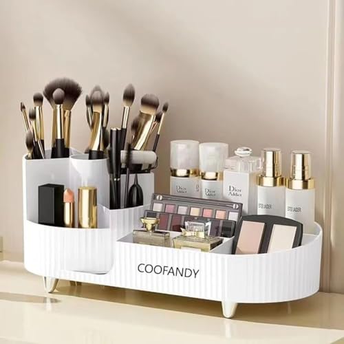 Image of COOFANDY Makeup Organizer, 360 Rotating Makeup Organizer, Rotating Compartment 2 In 1 Cosmetic Storage, Makeup Organizer Storage Is Perfect for Dresser, Bathroom, Bedroom (WHITE)