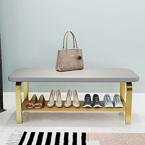 Banco moderno para zapatos de entrada, asiento tapizado de piel sintética gris, estante de almacenamiento de madera, solución de almacenamiento de zapatos de pasillo, 80 x 30 x 45 cm