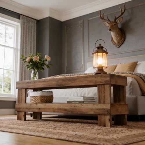 Image of Softa 59 Inch Entryway Bench with Shoe Storage Shelf, 2-Tier Shoe Seat with 3.35 Inch Thickened Top, Long Farmhouse End of Bed Bench for Bedroom, Hallway, Living Room or Dining Room