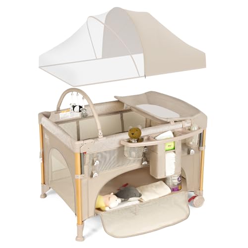 Image of Baby Bassinet 5 in 1 Pack and Play,Baby Crib Adjustable Beside Sleeper One-Second &One-Hand Setup,Portable Playard Foldable Playpen for Newborn,Babies and Toddlers with Changing Table,Mattress (Beige)