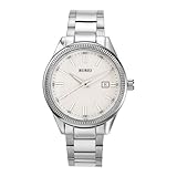 BUREI Reloj de cuarzo analógico de acero inoxidable plateado para hombre, regalo para hombre (plata blanca)