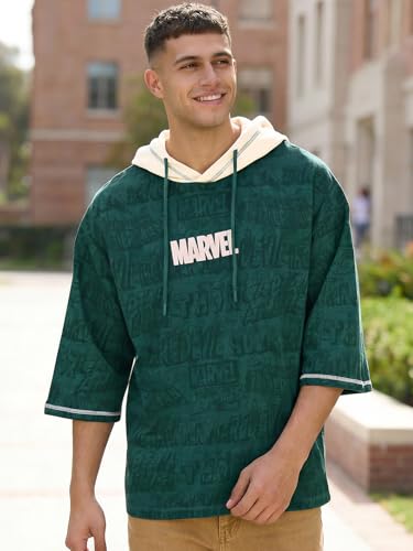 Image of Bewakoof Official Marvel Merchandise Men's All Over Printed Oversized Fit Extended Sleeve Hooded Pure Cotton T-Shirt