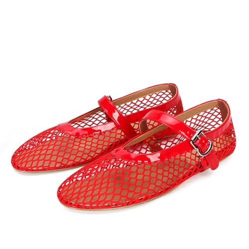 Image of DOEYG Mesh Ballet Flats for Women Buckle Strap Comfy Casual Office Fishnet Ballerina Flat Shoes