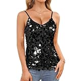 JASGOOD Débardeur Femme à Paillettes Col en V Haut Sexy Bretelles Fines Tank Top Scintillant pour Fête,Noir,L