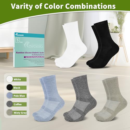 Image of Revosoxs Diabetic Crew Socks for Men Women,Bamboo Viscose Non-Binding Loose Top Wide Socks with Seamless Toe 9-12 10-13