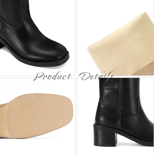 Image of DOEYG Women's Banana Knee High Boots Square Toe Chunky Block Heel Tall Boots Wide Calf Fashion Comfortable Casual Pull on Long Boots