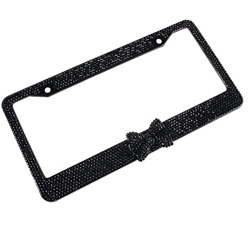 Fashion Premium Handmade Crystal License Plate Frames,Waterproof Bling License Plate Covers,Us Universal Rhinestone License Plate Holder For Women(1 Frame,Black Frame Black Bowknot) #TOP1