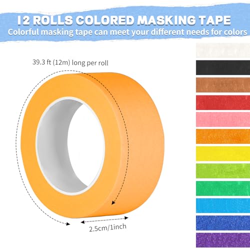 Image of 12PCS Colored Masking Tape, Colored Tape for Kids Art Supplies, DIY Craft Tape, Colored Painters Tape for Labeling, Classroom, Decorative, Rainbow Color Tape Rolls 1In x 13Yards(2.5cm x 12m)