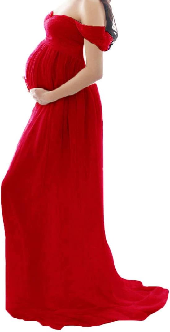 Maternity Dress Lady Chiffon Off Shoulder Photography Maxi Dress Pregnants Trailing Gown Red XL, Wedding Guest Maternity Dresses, 8