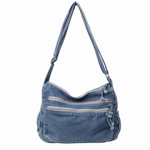 Bolsas jeans grandes para mulheres, bolsa casual retrô transversal leve bolsa de ombro bolsas de lona, C - Azul claro, Large
