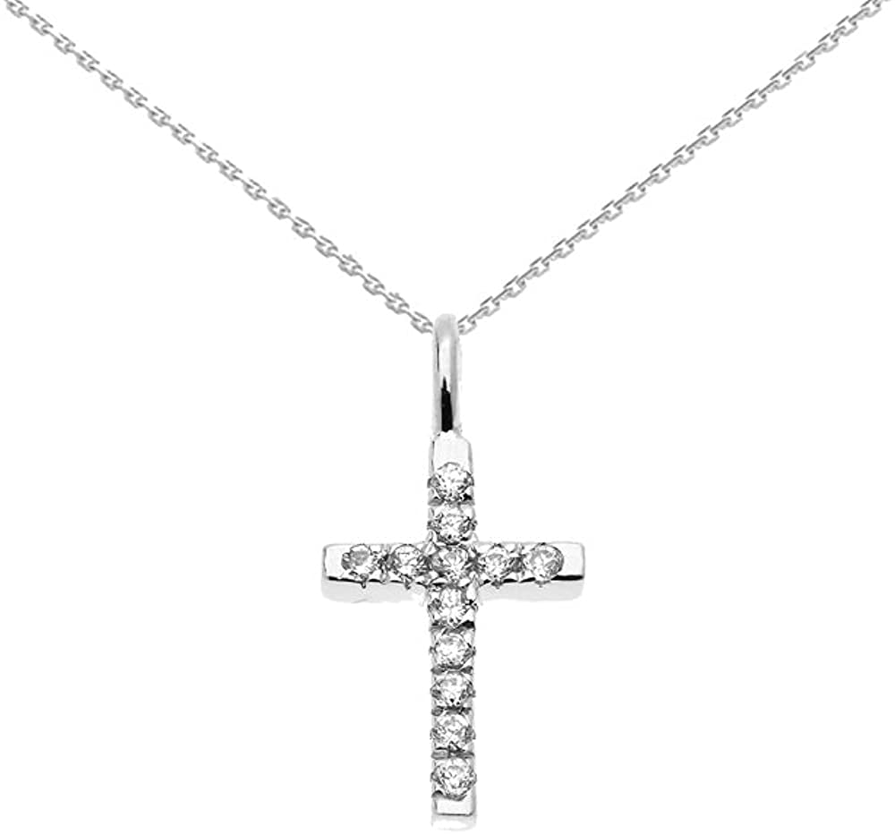 Religious Jewelry 14K White Gold 1/20 Cttw Diamond Accented Dainty Linear Cross Charm Pendant Necklace with Rolo Chain (K-M Color) - Choice of Chain