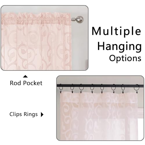 OWENIE Furman Blush Sheer Curtains 63 inch Length for Bedroom Living Room 2 Panels Set, Jacquard Clip Textured Pink Sheer Curtains, Light Filtering Rod Pocket Farmhouse Window Treatments, 40Wx63L inch by OWENIE - Used condition - Image 4