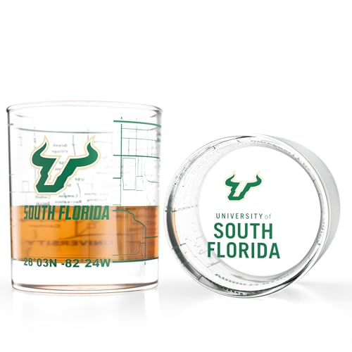 Image of Greenline Goods University of South Florida Bulls Whiskey Glasses Set of 2, 10 oz Rocks Glasses with Full-Color Logo & Campus Map - Officially Licensed Bourbon Glass Gift for Alumni & Fans