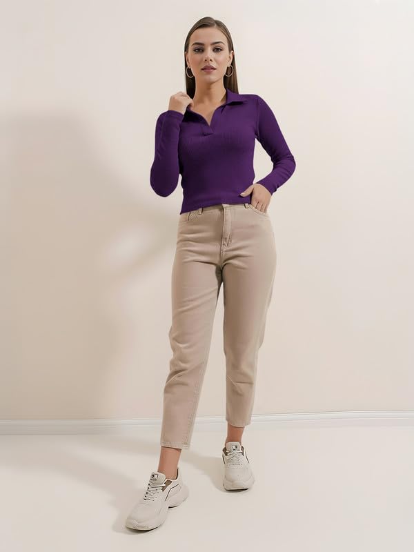 Image of Dream Beauty Fashion Women's Collared Neck Long Sleeve Slim Fit Casual Tee Top, 23 inch inches (Apple-01-P)