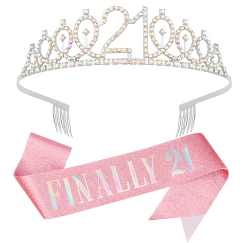 KICOSY 21st Birthday Crowns and Sash for Women Princess Tiara Sash Set Elegant Sliver Crown with Combs for Girls 21st Birthday Decorations for Her Party Hair Accessories Gifts