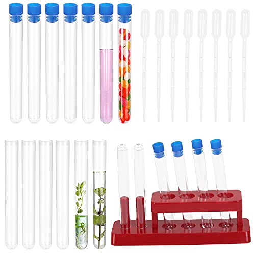 LOPOTIN 60 Pcs Tube à essai Plastique Bouchon, Tube à Essai Transparent avec Support et 10 Pcs Compte-Gouttes pour Expérience Scientifique Laboratoire Bonbons Plante Perle Epice Cover
