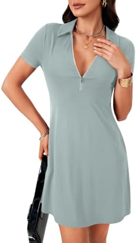 LYANER Women's Sexy Zipper Front V Neck Mini Dress Casual Low Cut Short Sleeve Ruffle A Line Short Dresses Light Green X-Large