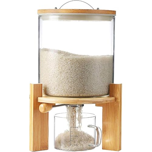 NEW NOAM Dispensador de arroz de vidro para cereais e arroz de 5 litros com e copo de medição e tampas, dispensador de cereais de bancada para arroz
