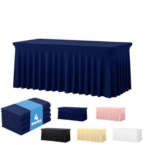 Deep Dream 4 Pack Navy Blue Spandex Fitted Tableclothes for 6 Foot Rectangle Tables, Wrinkle Free 6FT Fitted Table Cover, Stretch Tablecloth Table Skirt for Party, Banquet, Wedding and Events