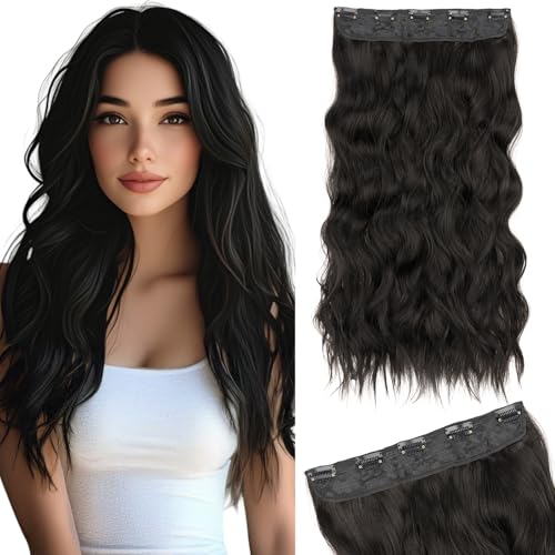 Silk-co One Piece Clip In Hair Extensions Curly 180g Hairpieces 5 Clips Wavy Curly Synthetic 3/4 Half Full Head for Laides and Women 24 Inch（60 cm） Natural Black