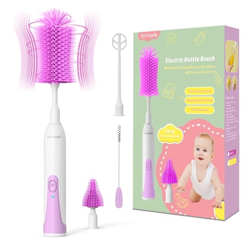 Image of TpChapNi Electric Bottle Brush Cleaner,Electric Baby Bottle Brush Cleaner Set,Rechargeable with Replaceable Silicone Water Bottle and Nipple Brush Head,Straw Brush for Baby & New Moms (Purple)