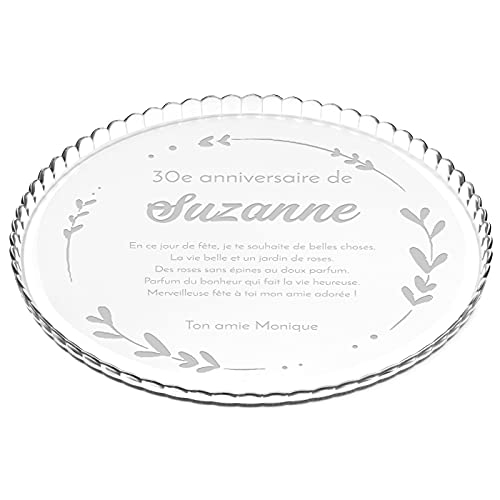 Maverton Plat à gâteau rond avec gravure - En verre - Personnalisé - Idée cadeau pour un fan de cuisine ou pour un gourmand - Cadeau pour femme - Feuilles