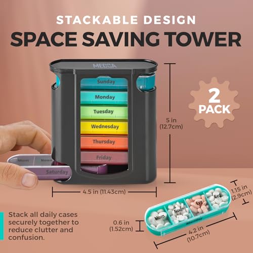 Image of Stackable Daily Pill Organizer - 2 Pack, 4 Times a Day Weekly Medication Reminder - Premium Weekly AM /PM Pill Box with 7 Individual Stacking Cases, a Everyday Medicine Organizer for Vitamins