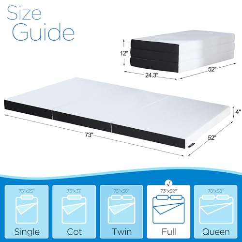 4-inch Full Size Memory Foam Trifold Mattress with Washable Fabric Cover, Foldable Floor Mattress for Camping & Guest Beds, 73x52x4 inches