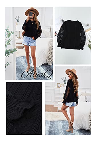 Alvaq Lace Sweaters For Women Knit Lantern Sleeve Pullover Crewneck Jumper Tops Fashion 2023 Black Large #TOP4