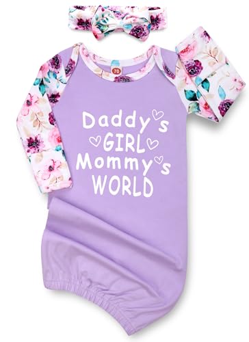 Image of Mikccer Newborn Baby Girl Gown 0-6 Months, Super Soft Newborn Sleepers Gown, Long Sleeve Infant Nightgown for Girls Boys, Baby Girl Outfit Essential with Headband Set Purple