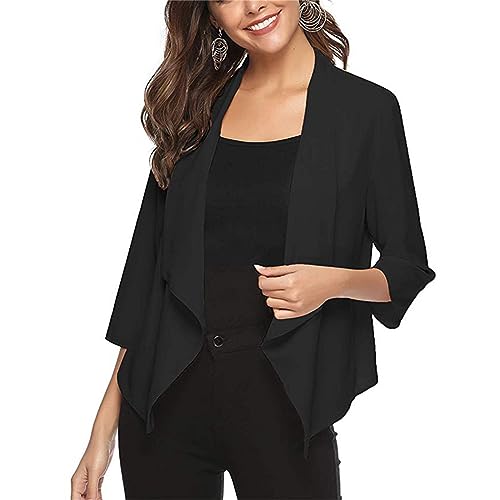 HGps8w Women's Flowy Chiffon Blazers 3/4 Sleeve Open Front Cardigans Lightweight Work Office Tops