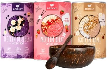BREKKY Protein Smoothie Bowl Set vegan Probierset - Fitness Frühstück | Protein Smoothie Bowl Probierset mit Kokosnussbowl & Löffel. Pflanzliches Eiweiß. Vegan.
