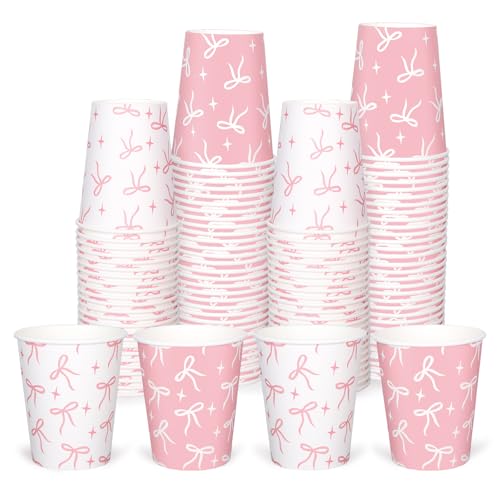 Whaline 100 Pcs Pink Bow Paper Cups 9 Oz Disposable Coffee Cups Bow Theme Birthday Party Cup for Wedding Bridal Baby Shower Party Supplies