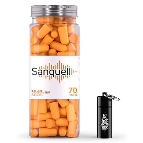 Sanquell Soft Disposable Foam Ear Plugs, 70 Pairs, SNR 38 dB Hearing Protection, Includes Aluminium Case, for Sleep, Travel, Work, and Study - Orange