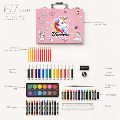 Image of EDUWATION 67 Pieces Unicorn Art Set for Kids, Drawing & Painting Kit with Colour Pencils, Sketch Pens, Oil Pastels, Watercolour Paints, Crayons, Brush, Eraser, Sharpener & Portable Carry Case, Gift for Girls Boys