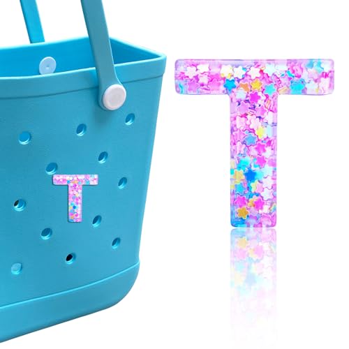 HLUWA Letter Charms for Bogg Bag, Alphabet Pink Star Sequin Lettering Accessories Charms for Bogg and Simply Southern Bag, Insert Decorative Letters Charm for Handbag Beach Tote Bag. (T)