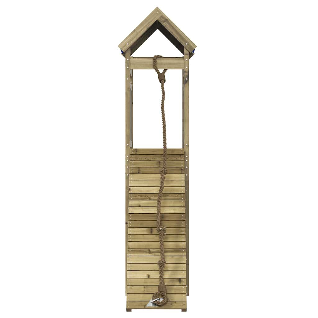 Wieża do zabawy z impregnowanego drewna sosnowego ze ścianką wspinaczkową, liną, piaskownicą i podestem, do ogrodu, na taras i podwórko, platforma 118 cm, dla dzieci w wieku od 3 do 8 lat